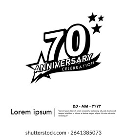 70th years anniversary celebration emblem. black anniversary logo isolated with ribbon and stars on white background. vector illustration template design for web, flyers, poster, greeting card
