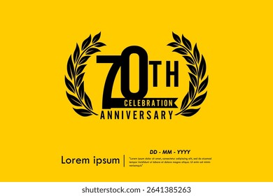 70th years anniversary celebration emblem. anniversary logo isolated with laurel wreath and ribbon on yellow background. vector illustration template design for web, flyers, poster, greeting card