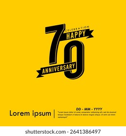 70th years anniversary celebration emblem. black logo isolated with ribbons on yellow background. vector illustration template design for web, flyers, poster, greeting card and invitation card