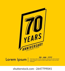 70th years anniversary celebration emblem. congratulations anniversary black logo isolated with speech ribbon badge on yellow background. vector illustration template design for web banner.