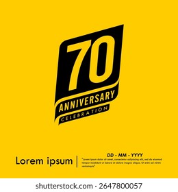 70th years anniversary celebration emblem. congratulations anniversary black logo isolated with ribbons on yellow background. vector illustration template design for web banner.