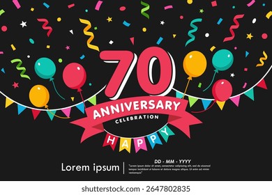 emblème de la célébration du 70e anniversaire. félicitations logo anniversaire isolé avec des confettis colorés, drapeau de bruant, ballons et ruban. conception de template d'illustration vectorielle pour la bannière de web