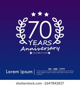 70th years anniversary celebration emblem. congratulations anniversary logo isolated with laurel wreath and stars and ribbon on dark blue background. vector illustration template design for web banner
