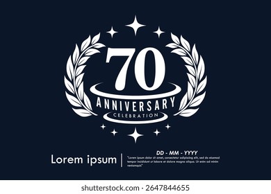 70th years anniversary celebration emblem. congratulations anniversary logo isolated with laurel wreath and stars on Black background. vector illustration template design for web banner