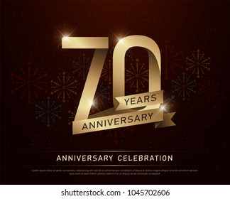 70th years anniversary celebration gold number and golden ribbons with fireworks on dark background. vector illustration