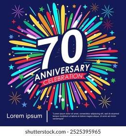 70th years anniversary celebration logo isolated with ribbon, stars and fireworks sparkle twinkle. vector illustration template design for web, flyers, poster, invitation card or greeting card