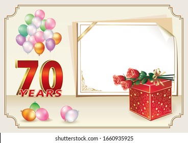 70th years anniversary celebration, vector design with gift box, bouquet of roses and balloons, sheet  paper for message, birthday card