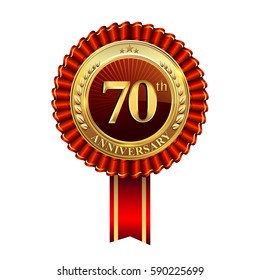 70th years anniversary golden badge with red ribbons isolated on white background, vector design for greeting card, banner and invitation card.