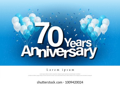 70th years anniversary greeting card lettering template with balloon and confetti. Design for invitation card, banner, web, header and flyer. vector illustrator