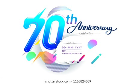 70th years anniversary logo, vector design birthday celebration with colorful geometric background, isolated on white background.