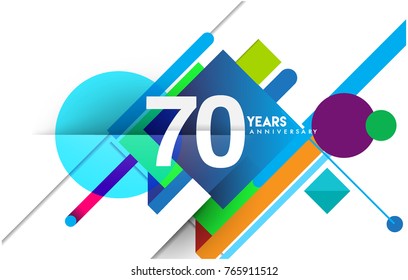 70th years anniversary logo, vector design birthday celebration with colorful geometric isolated on white background.