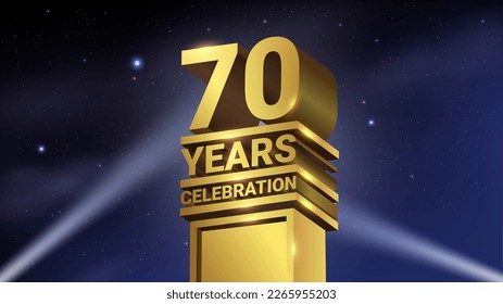 70th Years Celebration, 3D Gold Statue with Spotlights, Luxury Hollywood Light, Vector Illustration