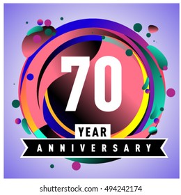 70th years greeting card anniversary with colorful number and frame. logo and icon with circle badge and background