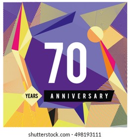 70th years greeting card anniversary with colorful number and frame. logo and icon with Memphis style cover and design template