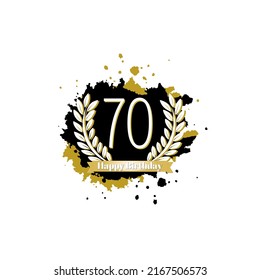 70years happy birthday with abstract black and gold leaf and ink bow 