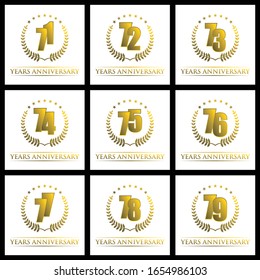 71, 72, 73, 74, 75, 76, 77, 78, 79 años de diseño de plantilla color dorado con cinta y acto conmemorativo de la celebración de la conmemoración de la conmemoración del aniversario
