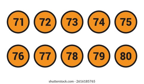 71, 72, 73, 74, 75, 76, 77, 78, 79 and 80 Number icon vector Orange Circle with Black design