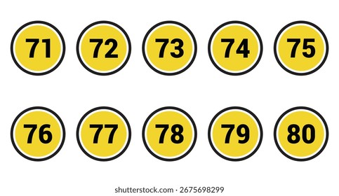 71, 72, 73, 74, 75, 76, 77, 78,79 and 80 number icon vector outline design symbol or illustration set