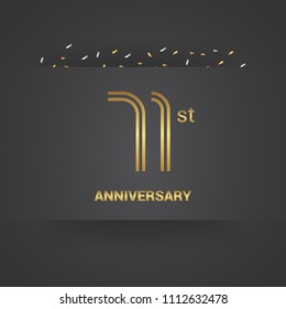 71 anniversary design for company celebration event with golden multiple line font and confetti isolated on dark grey background