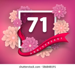 71 anniversary invitation card. Vector invitation card or 
Anniversary emblems template design. Design with abstract 
background and elegant frame with ribbon decorated and 3d flowers.