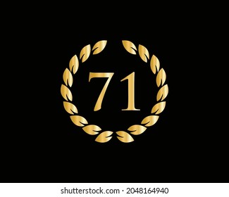 71 Anniversary Ring Logo Template. 71 Years Anniversary Logo With Golden Ring Isolated On Black Background, For Birthday, Anniversary And Company Celebration