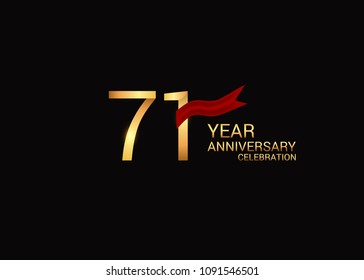 71 anniversary vector design golden colored with red ribbon isolated on black background
