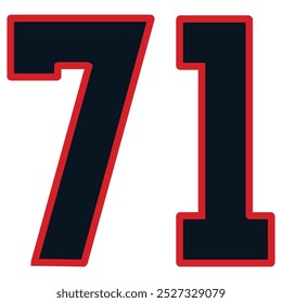71 Classic Vintage Sport Jersey  Uniform numbers in black with a black outside contour line number on white background for American football, Baseball and Basketball or soccer for shirt