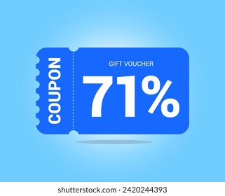 71% coupon promotion sale. Seventy one percent Vector Gift Voucher. Blue discount, lucky ticket, special offer promo. Web, shopping label, percent sign. Special price offers.