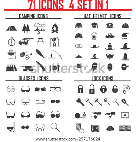 71 icons 4 set in 1, camping, helmets, glasses, lock and key icons set. vector illustration eps 10.