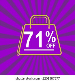 71% off. Purple, white and yellow banner with Seventy one percent discount. Shopping bag concept.