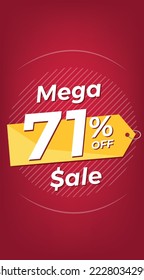 71% de descuento. Banner de descuento rojo con setenta y un por ciento. Publicidad para promoción de Mega Venta. Formato de historias