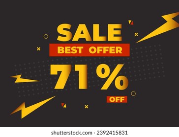 71% off sale best offer. Sale banner with seventy one percent of discount, coupon or voucher vector illustration. Yellow and red template for campaign or promotion.