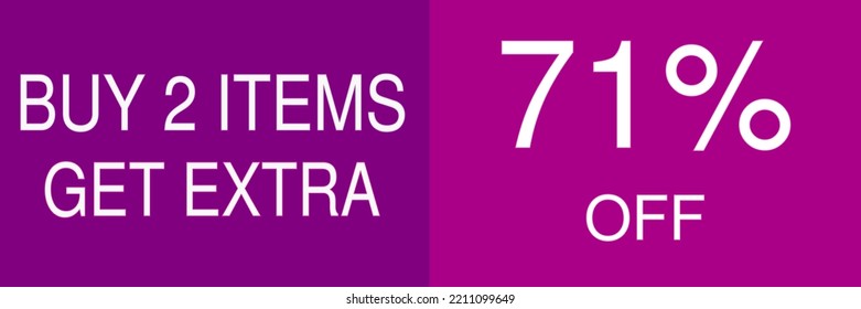 71% off sale gift. Promotion poster, label, flyer, sticker with white font and purple background. Vector illustration. Buy 2 items  get extra.