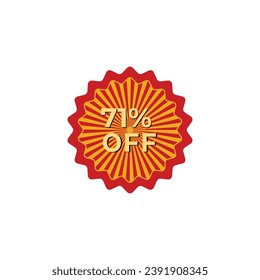 71% fuera de venta promoción de símbolo de etiqueta icono plano, etiqueta de venta placa vectorial, emblema de etiqueta adhesiva de venta de holgura, barganta de venta signo rojo diseño moderno aislado en fondo blanco