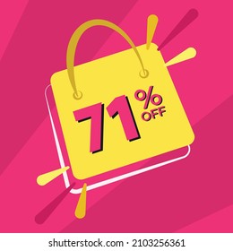 71 percent discount. Pink banner with floating bag for promotions and offers