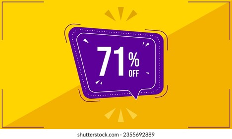 71 percent, seventy one percent. Discount banner shape. Sale coupon purple bubble icon. Special offer badge. Yellow abstract background. Modern concept design. Banner with offer badge. Vector