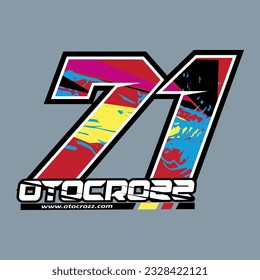 71. red color racing number, sport racing number with red, black ,blue ,yellow abstract style vector illustration .isolated light blue background