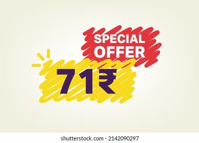 71 Rupee OFF Sale Discount banner shape template. Super Sale 71 Indian rupee Special offer badge end of the season sale coupon bubble icon. Discount offer price tag vector illustration.