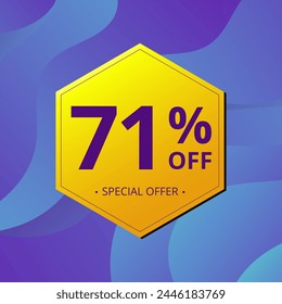 71% Sale and Discount Label. Seventy one percent Sale Discount label Geometric design. Abstract Blue and Yellow Hexagon. Vector illustration.