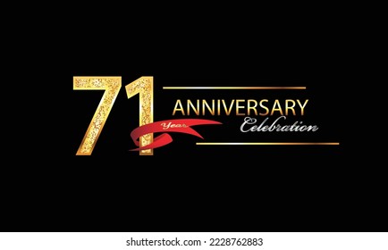 71-jährige Jubiläumsfeier Vector Design. Feierlichkeiten zum 71. Jahrestag. Gold Luxury Banner des 71. Jubiläums mit rotem Band und Glitter. Hintergrundfeier. Vektor-Jubiläum