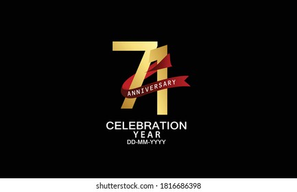 71 year anniversary red ribbon celebration logotype. anniversary logo with Red text and Spark light gold color isolated on black background, design for celebration, invitation - vector