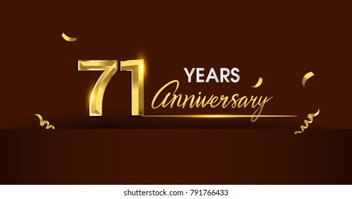 71 years anniversary celebration logotype. anniversary logo with golden color and gold confetti isolated on dark background, vector design for celebration, invitation card, and greeting card