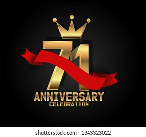 71 years Anniversary golden font with black background and red ribbon, and golden crown