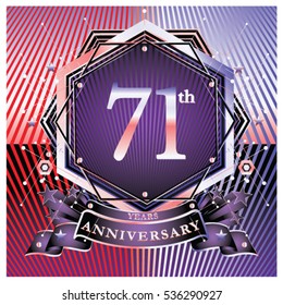 71 years anniversary logo celebration with ring and ribbon. Symbol and template for greeting card