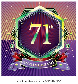 71 years anniversary logo celebration with ring and ribbon. Symbol and template for greeting card