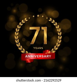 71 years anniversary logo with golden  laurel and red ribbon for booklet, leaflet, magazine, brochure poster, banner, web, invitation or greeting card. Vector illustrations.