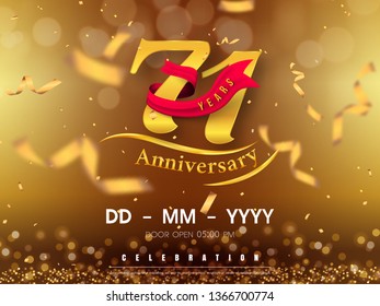 71 years anniversary logo template on gold background. 71st celebrating golden numbers with red ribbon vector and confetti isolated design elements