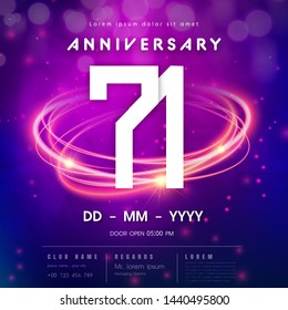 71 years anniversary logo template on purple Abstract futuristic space background. 71st modern technology design celebrating numbers with Hi-tech network digital technology concept design elements.