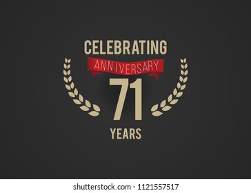 71 Years Anniversary logotype with golden colored font number, with ribbon and laurel, isolated on black background for company celebration event, birthday