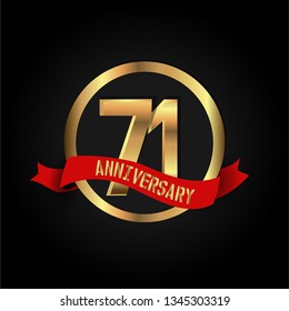 71 years Anniversary simple design with golden font and circle and red ribbon. Red ribbon and golden text on top Golden font in center circle. Simple and elegant design